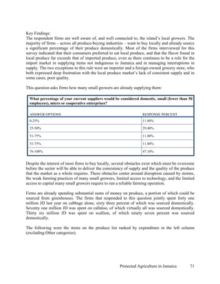 Key Findings:
The respondent firms are well aware of, and well connected to, the island’s local growers. The
majority of firms – across all produce-buying industries – want to buy locally and already source
a significant percentage of their produce domestically. Most of the firms interviewed for this
survey indicated that their consumers preferred to eat local produce, and that the flavor found in
local produce far exceeds that of imported produce, even as there continues to be a role for the
import market in supplying items not indigenous to Jamaica and in managing interruptions in
supply. The two exceptions to this rule were an importer and a foreign-owned grocery store, who
both expressed deep frustration with the local produce market’s lack of consistent supply and in
some cases, poor quality.

This question asks firms how many small growers are already supplying them:

  What percentage of your current suppliers would be considered domestic, small (fewer than 50
  employees), micro or cooperative enterprises?

  ANSWER OPTIONS                                                   RESPONSE PERCENT
  0-25%                                                            11.80%

  25-50%                                                           29.40%

  51-75%                                                           11.80%

  51-75%                                                           11.80%

  76-100%                                                          47.10%


Despite the interest of most firms to buy locally, several obstacles exist which must be overcome
before the sector will be able to deliver the consistency of supply and the quality of the produce
that the market as a whole requires. These obstacles center around disruption caused by storms,
the weak farming practices of many small growers, limited access to technology, and the limited
access to capital many small growers require to run a reliable farming operation.

Firms are already spending substantial sums of money on produce, a portion of which could be
sourced from greenhouses. The firms that responded to this question jointly spent forty one
million JD last year on cabbage alone, sixty three percent of which was sourced domestically.
Seventy one million JD was spent on callaloo, of which virtually all was sourced domestically.
Thirty six million JD was spent on scallion, of which ninety seven percent was sourced
domestically.

The following were the items on the produce list ranked by expenditure in the left column
(excluding Other categories).




                                                      Protected Agriculture in Jamaica         71
 