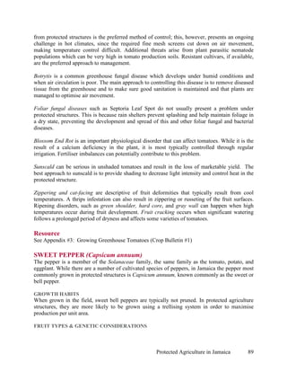 from protected structures is the preferred method of control; this, however, presents an ongoing
challenge in hot climates, since the required fine mesh screens cut down on air movement,
making temperature control difficult. Additional threats arise from plant parasitic nematode
populations which can be very high in tomato production soils. Resistant cultivars, if available,
are the preferred approach to management.

Botrytis is a common greenhouse fungal disease which develops under humid conditions and
when air circulation is poor. The main approach to controlling this disease is to remove diseased
tissue from the greenhouse and to make sure good sanitation is maintained and that plants are
managed to optimise air movement.

Foliar fungal diseases such as Septoria Leaf Spot do not usually present a problem under
protected structures. This is because rain shelters prevent splashing and help maintain foliage in
a dry state, preventing the development and spread of this and other foliar fungal and bacterial
diseases.

Blossom End Rot is an important physiological disorder that can affect tomatoes. While it is the
result of a calcium deficiency in the plant, it is most typically controlled through regular
irrigation. Fertiliser imbalances can potentially contribute to this problem.

Sunscald can be serious in unshaded tomatoes and result in the loss of marketable yield. The
best approach to sunscald is to provide shading to decrease light intensity and control heat in the
protected structure.

Zippering and cat-facing are descriptive of fruit deformities that typically result from cool
temperatures. A thrips infestation can also result in zippering or russeting of the fruit surfaces.
Ripening disorders, such as green shoulder, hard core, and gray wall can happen when high
temperatures occur during fruit development. Fruit cracking occurs when significant watering
follows a prolonged period of dryness and affects some varieties of tomatoes.

Resource
See Appendix #3: Growing Greenhouse Tomatoes (Crop Bulletin #1)

SWEET PEPPER (Capsicum annuum)
The pepper is a member of the Solanaceae family, the same family as the tomato, potato, and
eggplant. While there are a number of cultivated species of peppers, in Jamaica the pepper most
commonly grown in protected structures is Capsicum annuum, known commonly as the sweet or
bell pepper.

GROWTH HABITS
When grown in the field, sweet bell peppers are typically not pruned. In protected agriculture
structures, they are more likely to be grown using a trellising system in order to maximise
production per unit area.

FRUIT TYPES & GENETIC CONSIDERATIONS




                                                       Protected Agriculture in Jamaica         89
 