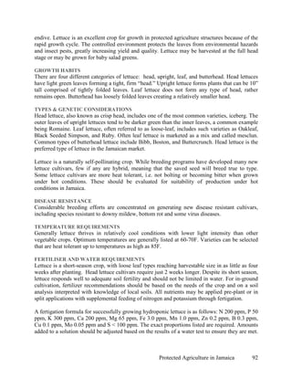endive. Lettuce is an excellent crop for growth in protected agriculture structures because of the
rapid growth cycle. The controlled environment protects the leaves from environmental hazards
and insect pests, greatly increasing yield and quality. Lettuce may be harvested at the full head
stage or may be grown for baby salad greens.

GROWTH HABITS
There are four different categories of lettuce: head, upright, leaf, and butterhead. Head lettuces
have light green leaves forming a tight, firm “head.” Upright lettuce forms plants that can be 10”
tall comprised of tightly folded leaves. Leaf lettuce does not form any type of head, rather
remains open. Butterhead has loosely folded leaves creating a relatively smaller head.

TYPES & GENETIC CONSIDERATIONS
Head lettuce, also known as crisp head, includes one of the most common varieties, iceberg. The
outer leaves of upright lettuces tend to be darker green than the inner leaves, a common example
being Romaine. Leaf lettuce, often referred to as loose-leaf, includes such varieties as Oakleaf,
Black Seeded Simpson, and Ruby. Often leaf lettuce is marketed as a mix and called mesclun.
Common types of butterhead lettuce include Bibb, Boston, and Buttercrunch. Head lettuce is the
preferred type of lettuce in the Jamaican market.

Lettuce is a naturally self-pollinating crop. While breeding programs have developed many new
lettuce cultivars, few if any are hybrid, meaning that the saved seed will breed true to type.
Some lettuce cultivars are more heat tolerant, i.e. not bolting or becoming bitter when grown
under hot conditions. These should be evaluated for suitability of production under hot
conditions in Jamaica.

DISEASE RESISTANCE
Considerable breeding efforts are concentrated on generating new disease resistant cultivars,
including species resistant to downy mildew, bottom rot and some virus diseases.

TEMPERATURE REQUIREMENTS
Generally lettuce thrives in relatively cool conditions with lower light intensity than other
vegetable crops. Optimum temperatures are generally listed at 60-70F. Varieties can be selected
that are heat tolerant up to temperatures as high as 85F.

FERTILISER AND WATER REQUIREMENTS
Lettuce is a short-season crop, with loose leaf types reaching harvestable size in as little as four
weeks after planting. Head lettuce cultivars require just 2 weeks longer. Despite its short season,
lettuce responds well to adequate soil fertility and should not be limited in water. For in-ground
cultivation, fertilizer recommendations should be based on the needs of the crop and on a soil
analysis interpreted with knowledge of local soils. All nutrients may be applied pre-plant or in
split applications with supplemental feeding of nitrogen and potassium through fertigation.

A fertigation formula for successfully growing hydroponic lettuce is as follows: N 200 ppm, P 50
ppm, K 300 ppm, Ca 200 ppm, Mg 65 ppm, Fe 3.0 ppm, Mn 1.0 ppm, Zn 0.2 ppm, B 0.3 ppm,
Cu 0.1 ppm, Mo 0.05 ppm and S < 100 ppm. The exact proportions listed are required. Amounts
added to a solution should be adjusted based on the results of a water test to ensure they are met.



                                                       Protected Agriculture in Jamaica          92
 