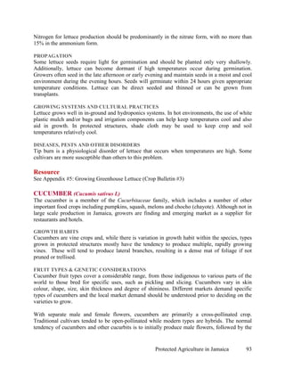 Nitrogen for lettuce production should be predominantly in the nitrate form, with no more than
15% in the ammonium form.

PROPAGATION
Some lettuce seeds require light for germination and should be planted only very shallowly.
Additionally, lettuce can become dormant if high temperatures occur during germination.
Growers often seed in the late afternoon or early evening and maintain seeds in a moist and cool
environment during the evening hours. Seeds will germinate within 24 hours given appropriate
temperature conditions. Lettuce can be direct seeded and thinned or can be grown from
transplants.

GROWING SYSTEMS AND CULTURAL PRACTICES
Lettuce grows well in in-ground and hydroponics systems. In hot environments, the use of white
plastic mulch and/or bags and irrigation components can help keep temperatures cool and also
aid in growth. In protected structures, shade cloth may be used to keep crop and soil
temperatures relatively cool.

DISEASES, PESTS AND OTHER DISORDERS
Tip burn is a physiological disorder of lettuce that occurs when temperatures are high. Some
cultivars are more susceptible than others to this problem.

Resource
See Appendix #5: Growing Greenhouse Lettuce (Crop Bulletin #3)

CUCUMBER (Cucumis sativus L)
The cucumber is a member of the Cucurbitaceae family, which includes a number of other
important food crops including pumpkins, squash, melons and chocho (chayote). Although not in
large scale production in Jamaica, growers are finding and emerging market as a supplier for
restaurants and hotels.

GROWTH HABITS
Cucumbers are vine crops and, while there is variation in growth habit within the species, types
grown in protected structures mostly have the tendency to produce multiple, rapidly growing
vines. These will tend to produce lateral branches, resulting in a dense mat of foliage if not
pruned or trellised.

FRUIT TYPES & GENETIC CONSIDERATIONS
Cucumber fruit types cover a considerable range, from those indigenous to various parts of the
world to those bred for specific uses, such as pickling and slicing. Cucumbers vary in skin
colour, shape, size, skin thickness and degree of shininess. Different markets demand specific
types of cucumbers and the local market demand should be understood prior to deciding on the
varieties to grow.

With separate male and female flowers, cucumbers are primarily a cross-pollinated crop.
Traditional cultivars tended to be open-pollinated while modern types are hybrids. The normal
tendency of cucumbers and other cucurbits is to initially produce male flowers, followed by the


                                                     Protected Agriculture in Jamaica        93
 