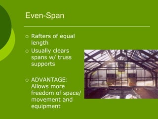 Even-Span
 Rafters of equal
length
 Usually clears
spans w/ truss
supports
 ADVANTAGE:
Allows more
freedom of space/
movement and
equipment
 