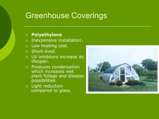 Greenhouse Coverings
 Polyethylene
 Inexpensive installation.
 Low heating cost.
 Short-lived.
 UV inhibitors increase its
lifespan.
 Produces condensation
which increases wet
plant foliage and disease
possibilities.
 Light reduction
compared to glass.
 