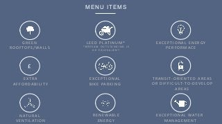MENU ITEMS
E XC E P T I O N A L 	
B I K E 	 PA R K I N G
G R E E N 	
R O O F TO P S / WA L L S
L E E D 	 P L AT I N U M *
* B R E E A M 	 O U T S T A N D I N G 	 I S 	
U K 	 E Q U I V A L E N T
E XC E P T I O N A L 	 E N E R G Y 	
P E R F O R M A C E
R E N E WA B L E 	
E N E R G Y
E X T R A 	
A F F O R D A B I L I T Y
E XC E P T I O N A L 	 WAT E R
M A N A G E M E N T
T R A N S I T- O R I E N T E D 	 A R E A S 	
O R 	 D I F F I C U LT- TO - D E V E LO P 	
A R E A S
N AT U R A L 	
V E N T I L AT I O N
£
 