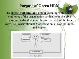Purpose of Green HRM
To create. Enhance and retain greening within each
employee of the organization so that he or she giv...