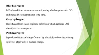 Blue hydrogen:
It Produced from steam methane reforming which captures the CO2
and stored in storage tank for long time.
Grey hydrogen:
It produced from steam methane reforming which releases CO2
directly to the atmosphere.
Pink hydrogen:
It produced from splitting of water by electricity where the primary
source of electricity is nuclear energy.
 