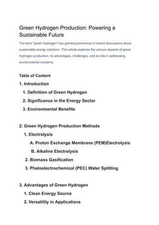 Green Hydrogen Production Powering a Sustainable Future | PDF