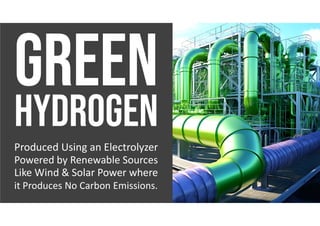 Produced Using an Electrolyzer
Powered by Renewable Sources
Like Wind & Solar Power where
it Produces No Carbon Emissions.
 