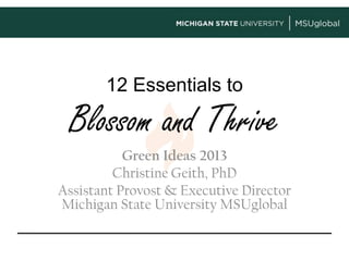 12 Essentials to
Blossom and Thrive
Green Ideas 2013
Christine Geith, PhD
Assistant Provost & Executive Director
Michigan State University MSUglobal
 
