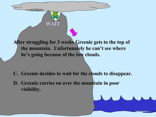 After struggling for 3 weeks Greenie gets to the top of the mountain.  Unfortunately he can’t see where he’s going because of the low clouds. Greenie decides to wait for the clouds to disappear. Greenie carries on over the mountain in poor visibility. WAIT 
