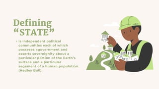 Defining
“STATE”
• is independent political
communities each of which
posseses agovernment and
asserts sovereignity about a
particular portion of the Earth’s
surface and a particular
segement of a human population.
(Hedley Bull)
 