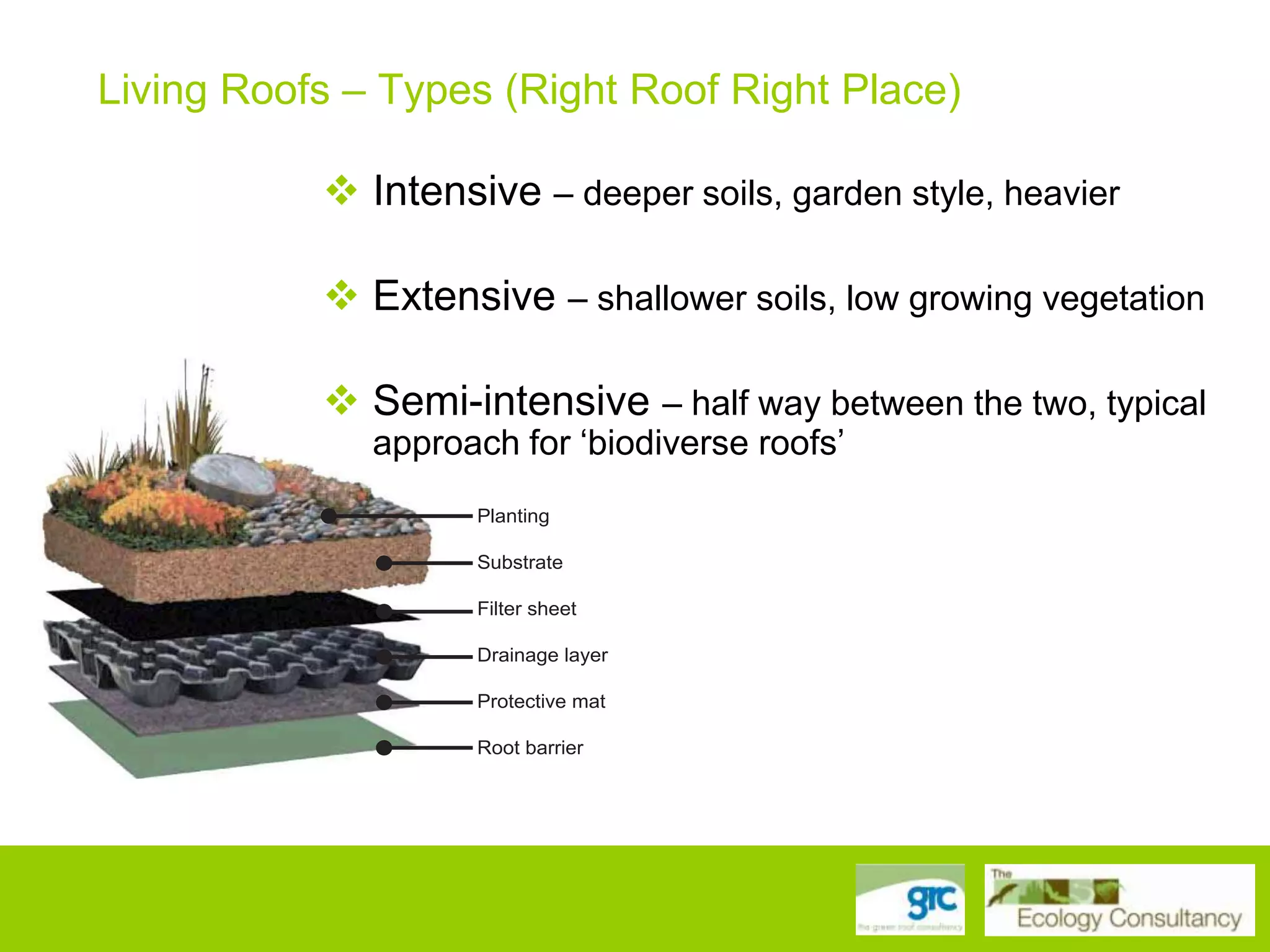 Living Roofs – Types (Right Roof Right Place)

hitworth Art Gallery

 Intensive – deeper soils, garden style, heavier
April 2010

 Extensive – shallower soils, low growing vegetation
 Semi-intensive – half way between the two, typical
approach for „biodiverse roofs‟
Planting
Substrate
Filter sheet
Drainage layer
Protective mat
Root barrier

 