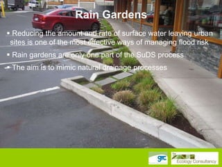 Rain Gardens
 Reducing the amount and rate of surface water leaving urban
sites is one of the most effective ways of managing flood risk

 Rain gardens are only one part of the SuDS process
 The aim is to mimic natural drainage processes

 