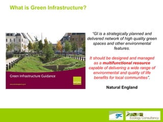 What is Green Infrastructure?

“GI is a strategically planned and
delivered network of high quality green
spaces and other environmental
features.
It should be designed and managed
as a multifunctional resource
capable of delivering a wide range of
environmental and quality of life
benefits for local communities”.
Natural England

 