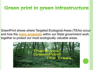 GreenPrint shows where Targeted Ecological Areas (TEAs) occur 
and how the many programs within our State government work 
together to protect our most ecologically valuable areas. 
 