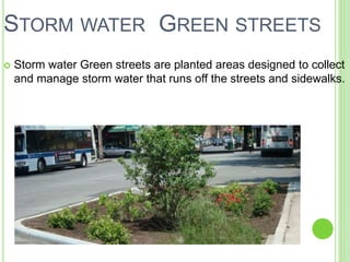 STORM WATER GREEN STREETS 
 Storm water Green streets are planted areas designed to collect 
and manage storm water that runs off the streets and sidewalks. 
 