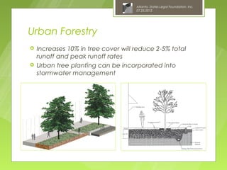 Atlantic States Legal Foundation, Inc.
                                     07.25.2012




Urban Forestry
   Increases 10% in tree cover will reduce 2-5% total
    runoff and peak runoff rates
   Urban tree planting can be incorporated into
    stormwater management
 