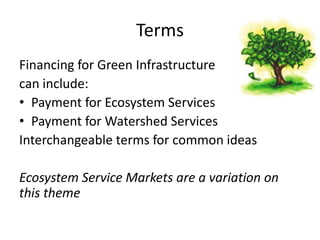 Terms
Financing for Green Infrastructure
can include:
• Payment for Ecosystem Services
• Payment for Watershed Services
Interchangeable terms for common ideas

Ecosystem Service Markets are a variation on
this theme
 