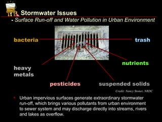 Stormwater Issues
- Surface Run-off and Water Pollution in Urban Environment


 bacteria                                                       trash



                                                       nutrients
 heavy
 metals
                   pesticides              suspended solids
                                                   Credit: Nancy Stoner, NRDC

   Urban impervious surfaces generate extraordinary stormwater
    run-off, which brings various pollutants from urban environment
    to sewer system and may discharge directly into streams, rivers
    and lakes as overflow.
 