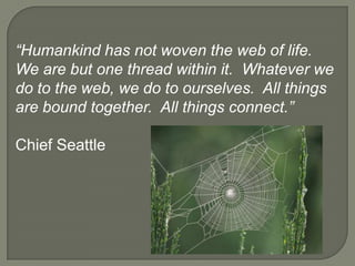 “Humankind has not woven the web of life.
We are but one thread within it. Whatever we
do to the web, we do to ourselves. All things
are bound together. All things connect.”

Chief Seattle
 
