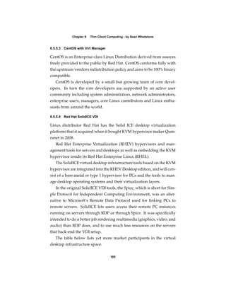 Chapter 6   Thin Client Computing - by Sean Whetstone


6.5.5.3   CentOS with Virt Manager

CentOS is an Enterprise-class Linux Distribution derived from sources
freely provided to the public by Red Hat. CentOS conforms fully with
the upstream vendors redistribution policy and aims to be 100% binary
compatible.
   CentOS is developed by a small but growing team of core devel-
opers. In turn the core developers are supported by an active user
community including system administrators, network administrators,
enterprise users, managers, core Linux contributors and Linux enthu-
siasts from around the world.

6.5.5.4   Red Hat SolidICE VDI

Linux distributor Red Hat has the Solid ICE desktop virtualization
platform that it acquired when it bought KVM hypervisor maker Qum-
ranet in 2008.
   Red Hat Enterprise Virtualization (RHEV) hypervisors and man-
agement tools for servers and desktops as well as embedding the KVM
hypervisor inside its Red Hat Enterprise Linux (RHEL).
   The SolidICE virtual desktop infrastructure tools based on the KVM
hypervisor are integrated into the RHEV Desktop edition, and will con-
sist of a bare-metal or type 1 hypervisor for PCs and the tools to man-
age desktop operating systems and their virtualization layers.
   In the original SolidICE VDI tools, the Spice, which is short for Sim-
ple Protocol for Independent Computing Environment, was an alter-
native to Microsoft’s Remote Data Protocol used for linking PCs to
remote servers. SolidICE lets users access their remote PC instances
running on servers through RDP or through Spice. It was speciﬁcally
intended to do a better job rendering multimedia (graphics, video, and
audio) than RDP does, and to use much less resources on the servers
that back-end the VDI setup.
   The table below lists yet more market participants in the virtual
desktop infrastructure space.


                                       105
 