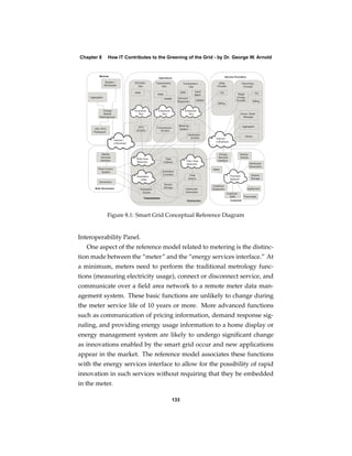 Chapter 8   How IT Contributes to the Greening of the Grid - by Dr. George W. Arnold




            Figure 8.1: Smart Grid Conceptual Reference Diagram


Interoperability Panel.
   One aspect of the reference model related to metering is the distinc-
tion made between the “meter” and the “energy services interface.” At
a minimum, meters need to perform the traditional metrology func-
tions (measuring electricity usage), connect or disconnect service, and
communicate over a ﬁeld area network to a remote meter data man-
agement system. These basic functions are unlikely to change during
the meter service life of 10 years or more. More advanced functions
such as communication of pricing information, demand response sig-
naling, and providing energy usage information to a home display or
energy management system are likely to undergo signiﬁcant change
as innovations enabled by the smart grid occur and new applications
appear in the market. The reference model associates these functions
with the energy services interface to allow for the possibility of rapid
innovation in such services without requiring that they be embedded
in the meter.

                                        133
 