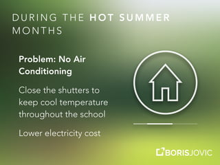 D U R I N G T H E H O T S U M M E R
M O N T H S
Problem: No Air
Conditioning
Close the shutters to
keep cool temperature
throughout the school
Lower electricity cost
 