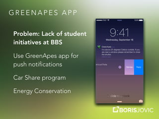 G R E E N A P E S A P P
Problem: Lack of student
initiatives at BBS
Use GreenApes app for
push notifications
Car Share program
Energy Conservation
 