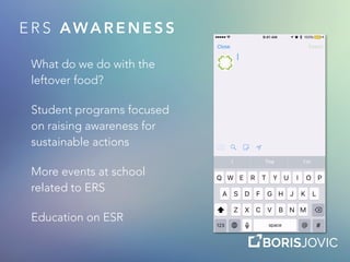 E R S AWA R E N E S S
What do we do with the
leftover food?
Student programs focused
on raising awareness for
sustainable actions
More events at school
related to ERS
Education on ESR
 