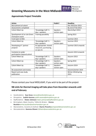 Greening Museums in the West Midlands
Approximate Project Timetable


Action                                                  Public?        Deadline
Recruitment of cohort                                                  Dec 2012/Jan 2013
Assessments completed                                                  By end of Feb 2013
Cohort Meet Up                 ‘Knowledge Café’ ½       Speakers       March/April 2013
                               day + speakers           section open
Development of on site Green   Training possibility                    Spring 2013
Champions work
Fund open to Bids                                                      Summer 2013
Cohort Meet Up                 ‘Knowledge Café’ ½       Speakers       Summer 2013
                               day+ speakers            section open
Developing of ‘partner         As appropriate: shared                  Summer 2013 onwards
projects’                      resources, purchasing,
                               co-ops etc
Invitation to wider                                                    Autumn 2013 onwards
participation beyond cohort
Cohort Meet Up                 ‘Knowledge Café’ ½       Speakers       Autumn 2013
                               day+ speakers            section open
Cohort Meet Up                 ‘Knowledge Café’ ½       Speakers       Spring 2014
                               day+ speakers            section open
Cohort Meet Up                 ‘Knowledge Café’ ½       Speakers       Autumn 2014
                               day+ speakers            section open
Re-assessment and review                                               Autumn/winter 2014
Report and case study                                                  Winter 2014/spring
publication                                                            2015



Please contact your local MDO,ASAP, if you wish to be part of the project

NB visits for thermal imaging will take place from December onwards until
end of February

  Herefordshire: Sue Knox sknox@herefordshire.gov.uk
  Shropshire: Judith Karena judith.karena@shropshire.gov.uk
  Staffordshire: Helen Johnson helen.johnson@staffordshire.gov.uk
  Birmingham, Black Country, Telford & Wrekin: Emma
  Buckleremma.buckler@wolverhampton.gov.uk
  Warwickshire, Coventry & Solihull: Glynis Powellglynispowell@warwickshire.gov.uk
  Worcestershire: Gemma Dhami GDhami@worcestershire.gov.uk




                    30 November 2012                                                 Page 3 of 3
 