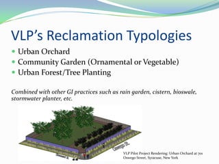 VLP’s Reclamation Typologies
 Urban Orchard
 Community Garden (Ornamental or Vegetable)
 Urban Forest/Tree Planting

Combined with other GI practices such as rain garden, cistern, bioswale,
stormwater planter, etc.




                                           VLP Pilot Project Rendering: Urban Orchard at 701
                                           Oswego Street, Syracuse, New York
 