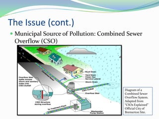 The Issue (cont.)
 Municipal Source of Pollution: Combined Sewer
 Overflow (CSO)




                                        Diagram of a
                                        Combined Sewer
                                        Overflow System.
                                        Adapted from
                                        “CSOs Explained”
                                        Official City of
                                        Bremerton Site.
 
