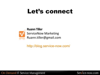 Let’s connect

Ruann Tiller
ServiceNow Marketing
Ruann.tiller@gmail.com
 