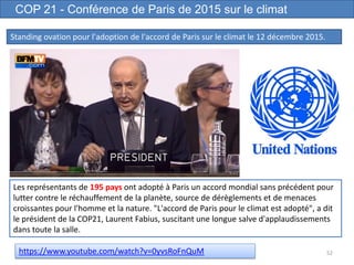 52
COP 21 - Conférence de Paris de 2015 sur le climat
Standing ovation pour l'adoption de l'accord de Paris sur le climat le 12 décembre 2015.
https://www.youtube.com/watch?v=0yvsRoFnQuM
Les représentants de 195 pays ont adopté à Paris un accord mondial sans précédent pour
lutter contre le réchauffement de la planète, source de dérèglements et de menaces
croissantes pour l'homme et la nature. "L'accord de Paris pour le climat est adopté", a dit
le président de la COP21, Laurent Fabius, suscitant une longue salve d'applaudissements
dans toute la salle.
 