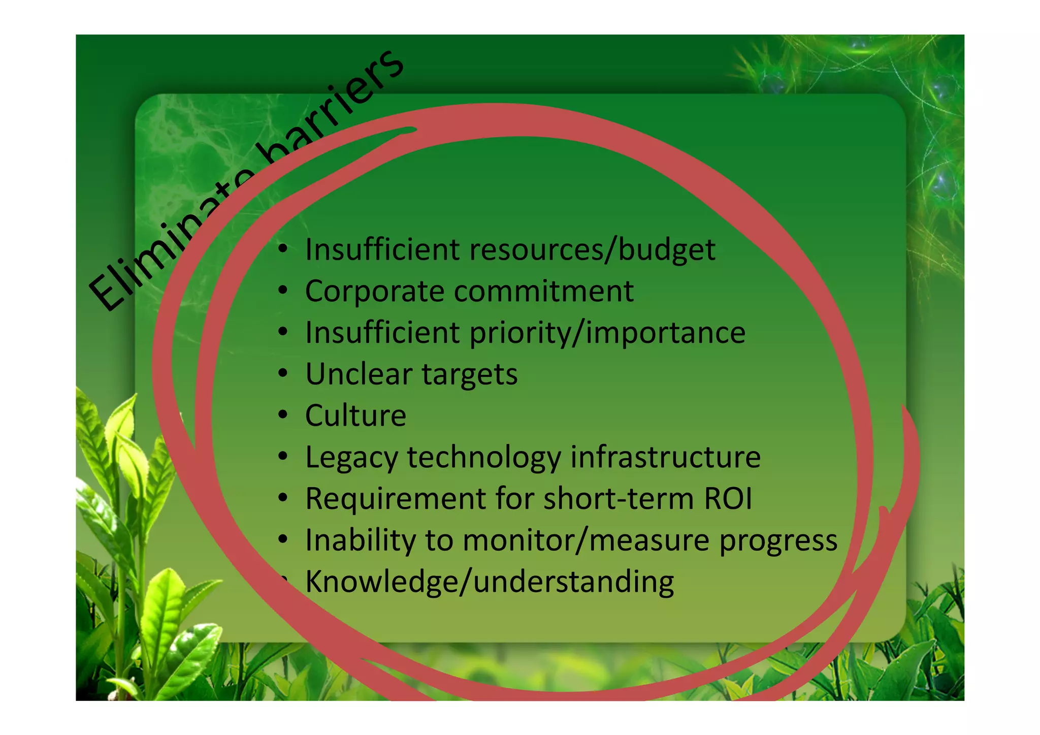 •   Insufficient resources/budget
•   Corporate commitment
•   Insufficient priority/importance
•   Unclear targets
•   Culture
•   Legacy technology infrastructure
•   Requirement for short-term ROI
•   Inability to monitor/measure progress
•   Knowledge/understanding
 