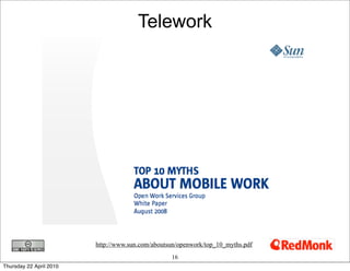 Telework




                         http://www.sun.com/aboutsun/openwork/top_10_myths.pdf
                              ...