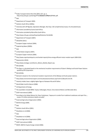 ENDNOTES


189
      Public Transport Action Plan (Feb 2007), DoT, pp. 4,
       http://nasp.dot.gov.za/siteimgs/PT%20Action%20Plan%20FINAL.pdf.
190
      Ibid.
191
      Department of Transport 2003).
192
      Statistics South Africa (2009a).
193
      Interview with Jeff Ngcobo, Operations Manager, Rea Vaya. 102 complementary buses, 41 articulated buses.
194
      Information provided by Scania South Africa.
195
      Information provided by MarcoPolo South Africa.
196
      http://www.info.gov.za/view/DownloadFileAction?id=82208.
197
      Department of Transport (2007).
198
      OECD/IEA (2011).
199
      European Copper Institute (2004).
200
      Engineering News (2009b).
201
      Ibid.
202
      United States Congress (2007).
203
      European Copper Institute (2004).
204
      http://www.reportsandreports.com/market-reports/china-energy-efficient-motor-market-report-2009-2010.
205
      Datamonitor (2010).
206
      http://www.strategyr.com/Electric_Motors_Market_Report.asp.
207
      NIA (2010b).
208
      This figure is calculated based on the mechanical insulation requirements of Eskom’s Medupi and Kusile Power Stations
       quoted by SPX Corporation.
209
      NIA (2010b).
210
      Demand is based on the mechanical insulation requirements of the Medupi and Kusile power stations.
211
      http://www.environmental-expert.com/resulteachpressrelease.aspx?cid=5122&codi=215178.
212
      Industry insiders have a slightly higher figure of between R6 and R7 billion.
213
      World Wide Fund for Nature (2008).
214
      US Department of Energy.
215
      The assemblers include BMW, Toyota, Volkswagen, Nissan, Ford, General Motors and Mercedes Benz.
216
      GVEP International (2009).
217
      According to the Global Alliance for Clean Cookstoves, “exposure to smoke from traditional cookstoves and open fires …
       causes 1.9 million premature deaths annually”.
218
      Food and Agriculture Organization (2002).
219
      RESTIO Energy (2009).
220
      Ibid.
221
      Statistics South Africa (2001).
222
      Shackleton et al (2004).
223
      Ibid.
224
      Shackleton et al (2004).
225
      Food and Agriculture Organization (2000).
226
      GVEP International (2009).
227
      REEEP, WWF & Toyota Energy Limited (2006).


GREEN JOBS: AN ESTIMATE OF THE DIRECT EMPLOYMENT POTENTIAL OF A GREENING SOUTH AFRICAN ECONOMY                           156
 