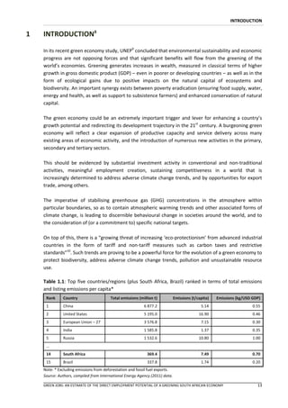 INTRODUCTION

1   INTRODUCTION8

    In its recent green economy study, UNEP9 concluded that environmental sustainability and economic
    progress are not opposing forces and that significant benefits will flow from the greening of the
    world’s economies. Greening generates increases in wealth, measured in classical terms of higher
    growth in gross domestic product (GDP) – even in poorer or developing countries – as well as in the
    form of ecological gains due to positive impacts on the natural capital of ecosystems and
    biodiversity. An important synergy exists between poverty eradication (ensuring food supply, water,
    energy and health, as well as support to subsistence farmers) and enhanced conservation of natural
    capital.

    The green economy could be an extremely important trigger and lever for enhancing a country’s
    growth potential and redirecting its development trajectory in the 21st century. A burgeoning green
    economy will reflect a clear expansion of productive capacity and service delivery across many
    existing areas of economic activity, and the introduction of numerous new activities in the primary,
    secondary and tertiary sectors.

    This should be evidenced by substantial investment activity in conventional and non-traditional
    activities, meaningful employment creation, sustaining competitiveness in a world that is
    increasingly determined to address adverse climate change trends, and by opportunities for export
    trade, among others.

    The imperative of stabilising greenhouse gas (GHG) concentrations in the atmosphere within
    particular boundaries, so as to contain atmospheric warming trends and other associated forms of
    climate change, is leading to discernible behavioural change in societies around the world, and to
    the consideration of (or a commitment to) specific national targets.

    On top of this, there is a “growing threat of increasing ‘eco-protectionism’ from advanced industrial
    countries in the form of tariff and non-tariff measures such as carbon taxes and restrictive
    standards”10. Such trends are proving to be a powerful force for the evolution of a green economy to
    protect biodiversity, address adverse climate change trends, pollution and unsustainable resource
    use.

    Table 1.1: Top five countries/regions (plus South Africa, Brazil) ranked in terms of total emissions
    and listing emissions per capita*
     Rank     Country                   Total emissions (million t)           Emissions (t/capita)   Emissions (kg/USD GDP)
     1        China                                        6 877.2                           5.14                      0.55
     2        United States                                5 195.0                          16.90                      0.46
     3        European Union – 27                          3 576.8                           7.15                      0.30
     4        India                                        1 585.8                           1.37                      0.35
     5        Russia                                       1 532.6                          10.80                      1.00
     …
     14       South Africa                                   369.4                           7.49                      0.70
     15       Brazil                                         337.8                           1.74                      0.20
    Note: * Excluding emissions from deforestation and fossil fuel exports.
    Source: Authors, compiled from International Energy Agency (2011) data.

    GREEN JOBS: AN ESTIMATE OF THE DIRECT EMPLOYMENT POTENTIAL OF A GREENING SOUTH AFRICAN ECONOMY                       13
 