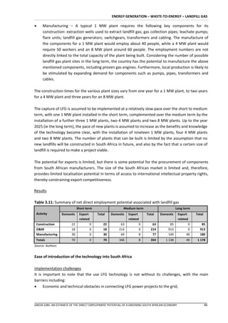 ENERGY GENERATION – WASTE-TO-ENERGY – LANDFILL GAS

    Manufacturing – A typical 1 MW plant requires the following key components for its
     construction: extraction wells used to extract landfill gas; gas collection pipes; leachate pumps;
     flare units; landfill gas generators; switchgears, transformers and cabling. The manufacture of
     the components for a 1 MW plant would employ about 40 people, while a 4 MW plant would
     require 50 workers and an 8 MW plant around 60 people. The employment numbers are not
     directly linked to the total capacity of the plant being built. Considering the number of possible
     landfill gas plant sites in the long term, the country has the potential to manufacture the above
     mentioned components, including proven gas engines. Furthermore, local production is likely to
     be stimulated by expanding demand for components such as pumps, pipes, transformers and
     cables.

The construction times for the various plant sizes vary from one year for a 1 MW plant, to two years
for a 4 MW plant and three years for an 8 MW plant.

The capture of LFG is assumed to be implemented at a relatively slow pace over the short to medium
term, with one 1 MW plant installed in the short term, complemented over the medium term by the
installation of a further three 1 MW plants, two 4 MW plants and two 8 MW plants. Up to the year
2025 (ie the long term), the pace of new plants is assumed to increase as the benefits and knowledge
of the technology become clear, with the installation of nineteen 1 MW plants, four 4 MW plants
and two 8 MW plants. The number of plants that can be built is limited by the assumption that no
new landfills will be constructed in South Africa in future, and also by the fact that a certain size of
landfill is required to make a project viable.

The potential for exports is limited, but there is some potential for the procurement of components
from South African manufacturers. The size of the South African market is limited and, therefore,
provides limited localisation potential in terms of access to international intellectual property rights,
thereby constraining export competitiveness.

Results

Table 3.11: Summary of net direct employment potential associated with landfill gas
                             Short term                   Medium term                         Long term
 Activity         Domestic    Export      Total    Domestic   Export      Total    Domestic      Export    Total
                              related                         related                            related
 Construction           22           0        22        63          0        63          85            0      85
 O&M                    18           0        18       214          0       214         913            0     913
 Manufacturing          30           0        30        69          8        77         140           40     180
 Totals                 70           0        70       346          8       354       1 138           40    1 178
Source: Authors


Ease of introduction of the technology into South Africa

Implementation challenges
It is important to note that the use LFG technology is not without its challenges, with the main
barriers including:
 Economic and technical obstacles in connecting LFG power projects to the grid;



GREEN JOBS: AN ESTIMATE OF THE DIRECT EMPLOYMENT POTENTIAL OF A GREENING SOUTH AFRICAN ECONOMY                     46
 