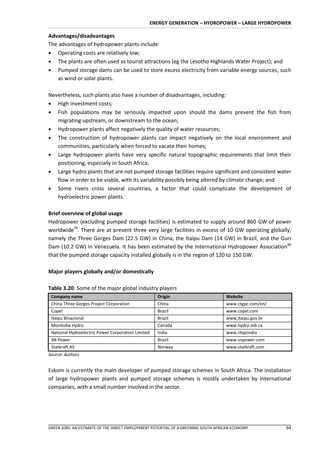 ENERGY GENERATION – HYDROPOWER – LARGE HYDROPOWER

Advantages/disadvantages
The advantages of hydropower plants include:
 Operating costs are relatively low;
 The plants are often used as tourist attractions (eg the Lesotho Highlands Water Project); and
 Pumped storage dams can be used to store excess electricity from variable energy sources, such
    as wind or solar plants.

Nevertheless, such plants also have a number of disadvantages, including:
 High investment costs;
 Fish populations may be seriously impacted upon should the dams prevent the fish from
   migrating upstream, or downstream to the ocean;
 Hydropower plants affect negatively the quality of water resources;
 The construction of hydropower plants can impact negatively on the local environment and
   communities, particularly when forced to vacate their homes;
 Large hydropower plants have very specific natural topographic requirements that limit their
   positioning, especially in South Africa;
 Large hydro plants that are not pumped storage facilities require significant and consistent water
   flow in order to be viable, with its variability possibly being altered by climate change; and
 Some rivers cross several countries, a factor that could complicate the development of
   hydroelectric power plants.

Brief overview of global usage
Hydropower (excluding pumped storage facilities) is estimated to supply around 860 GW of power
worldwide79. There are at present three very large facilities in excess of 10 GW operating globally,
namely the Three Gorges Dam (22.5 GW) in China, the Itaipu Dam (14 GW) in Brazil, and the Guri
Dam (10.2 GW) in Venezuela. It has been estimated by the International Hydropower Association80
that the pumped storage capacity installed globally is in the region of 120 to 150 GW.

Major players globally and/or domestically

Table 3.20: Some of the major global industry players
 Company name                                       Origin                         Website
 China Three Gorges Project Corporation             China                          www.ctgpc.com/en/
 Copel                                              Brazil                         www.copel.com
 Itaipu Binacional                                  Brazil                         www.itaipu.gov.br
 Monitoba Hydro                                     Canada                         www.hydro.mb.ca
 National Hydroelectric Power Corporation Limited   India                          www.nhpcindia
 SN Power                                           Brazil                         www.snpower.com
 Statkraft AS                                       Norway                         www.statkraft.com
Source: Authors


Eskom is currently the main developer of pumped storage schemes in South Africa. The installation
of large hydropower plants and pumped storage schemes is mostly undertaken by international
companies, with a small number involved in the sector.




GREEN JOBS: AN ESTIMATE OF THE DIRECT EMPLOYMENT POTENTIAL OF A GREENING SOUTH AFRICAN ECONOMY         64
 