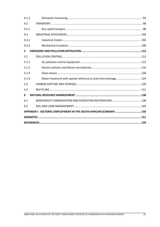 4.1.3               Rainwater harvesting ..................................................................................................... 94
4.2          TRANSPORT............................................................................................................................ 98
4.2.1               Bus rapid transport ........................................................................................................ 98
4.3          INDUSTRIAL EFFICIENCIES.................................................................................................... 104
4.3.1               Industrial motors ......................................................................................................... 104
4.3.2               Mechanical insulation .................................................................................................. 108
5     EMISSIONS AND POLLUTION MITIGATION .......................................................................... 112
5.1          POLLUTION CONTROL .......................................................................................................... 112
5.1.1               Air pollution control equipment .................................................................................. 112
5.1.2               Electric vehicles and lithium-ion batteries .................................................................. 116
5.1.3               Clean stoves ................................................................................................................. 120
5.1.4               Water treatment with special reference to acid mine drainage ................................. 124
5.2          CARBON CAPTURE AND STORAGE ....................................................................................... 128
5.3          RECYCLING ........................................................................................................................... 131
6     NATURAL RESOURCE MANAGEMENT ................................................................................. 138
6.1          BIODIVERSITY CONSERVATION AND ECOSYSTEM RESTORATION ....................................... 138
6.2          SOIL AND LAND MANAGEMENT .......................................................................................... 144
APPENDIX I: SECTORAL EMPLOYMENT IN THE SOUTH AFRICAN ECONOMY ................................ 150
ENDNOTES ................................................................................................................................ 151
REFERENCES .............................................................................................................................. 159




GREEN JOBS: AN ESTIMATE OF THE DIRECT EMPLOYMENT POTENTIAL OF A GREENING SOUTH AFRICAN ECONOMY                                                    vii
 