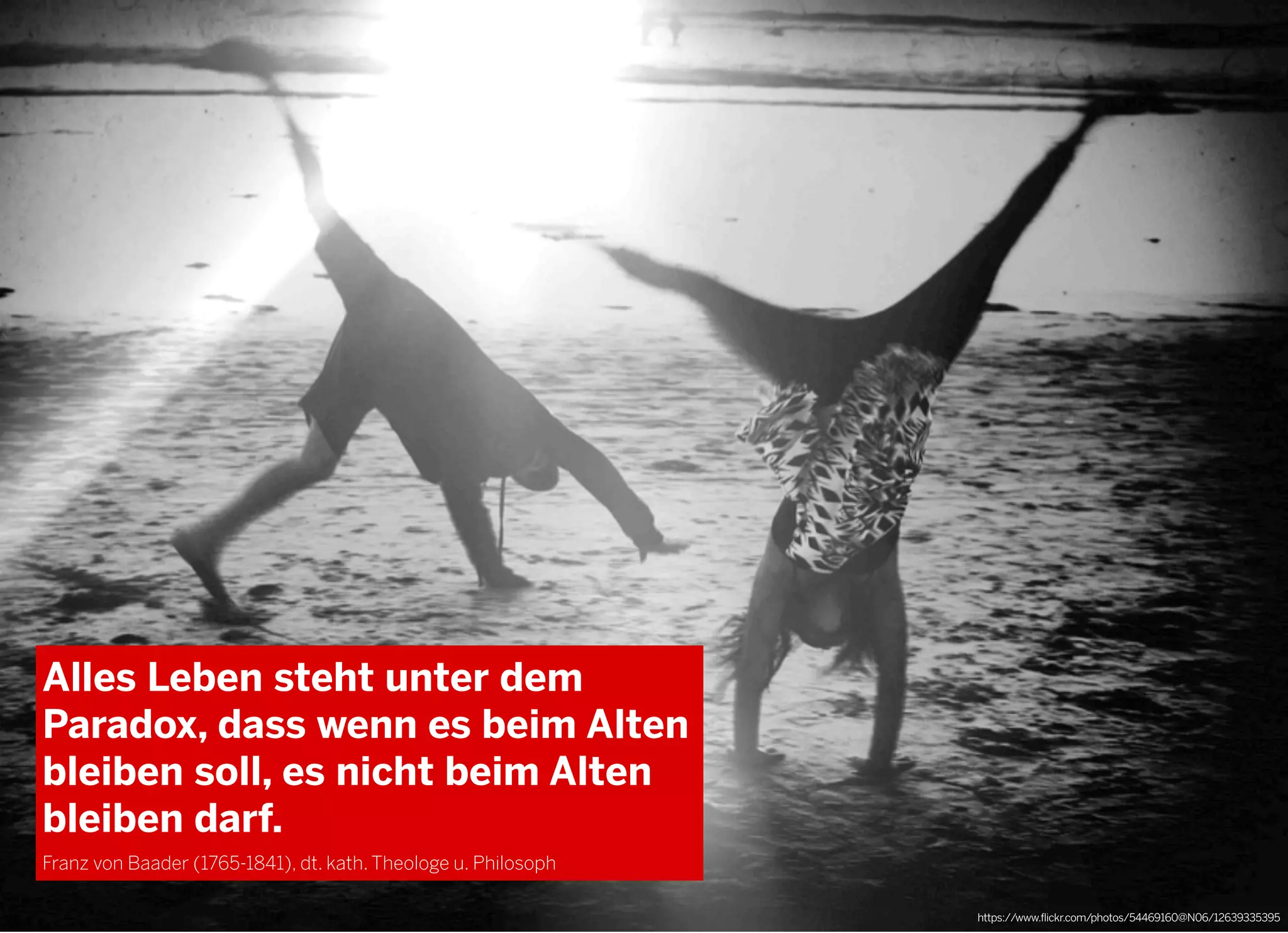 2013 © GREENKERN - keine ungenehmigte Veröffentlichung gestattet - alle Rechte vorbehalten https://www.flickr.com/photos/54469160@N06/12639335395
Alles Leben steht unter dem
Paradox, dass wenn es beim Alten
bleiben soll, es nicht beim Alten
bleiben darf.
Franz von Baader (1765-1841), dt. kath. Theologe u. Philosoph
 