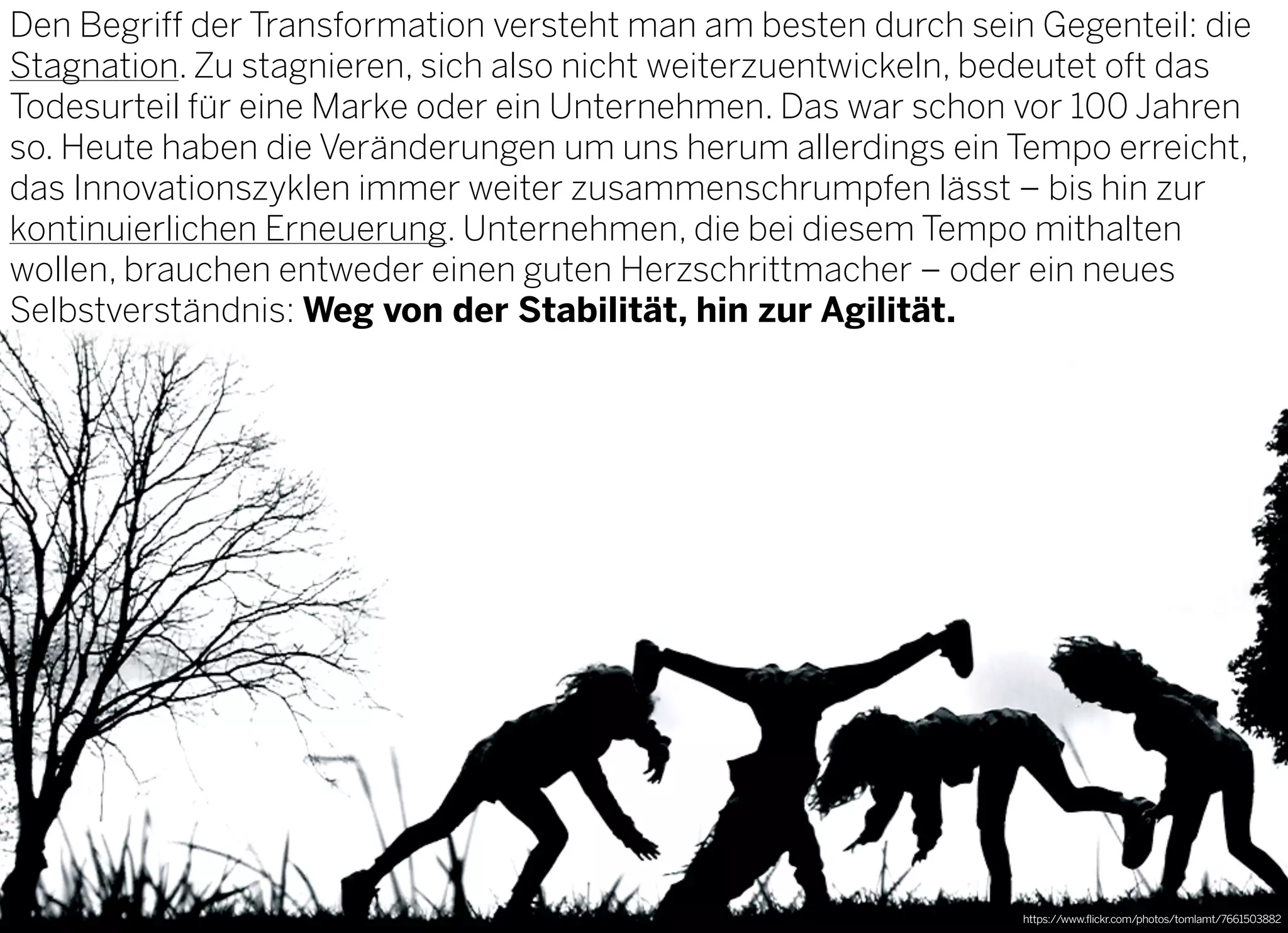 2013 © GREENKERN - keine ungenehmigte Veröffentlichung gestattet - alle Rechte vorbehalten
Den Begriff der Transformation versteht man am besten durch sein Gegenteil: die
Stagnation. Zu stagnieren, sich also nicht weiterzuentwickeln, bedeutet oft das
Todesurteil für eine Marke oder ein Unternehmen. Das war schon vor 100 Jahren
so. Heute haben die Veränderungen um uns herum allerdings ein Tempo erreicht,
das Innovationszyklen immer weiter zusammenschrumpfen lässt – bis hin zur
kontinuierlichen Erneuerung. Unternehmen, die bei diesem Tempo mithalten
wollen, brauchen entweder einen guten Herzschrittmacher – oder ein neues
Selbstverständnis: Weg von der Stabilität, hin zur Agilität.
https://www.flickr.com/photos/tomlamt/7661503882
 