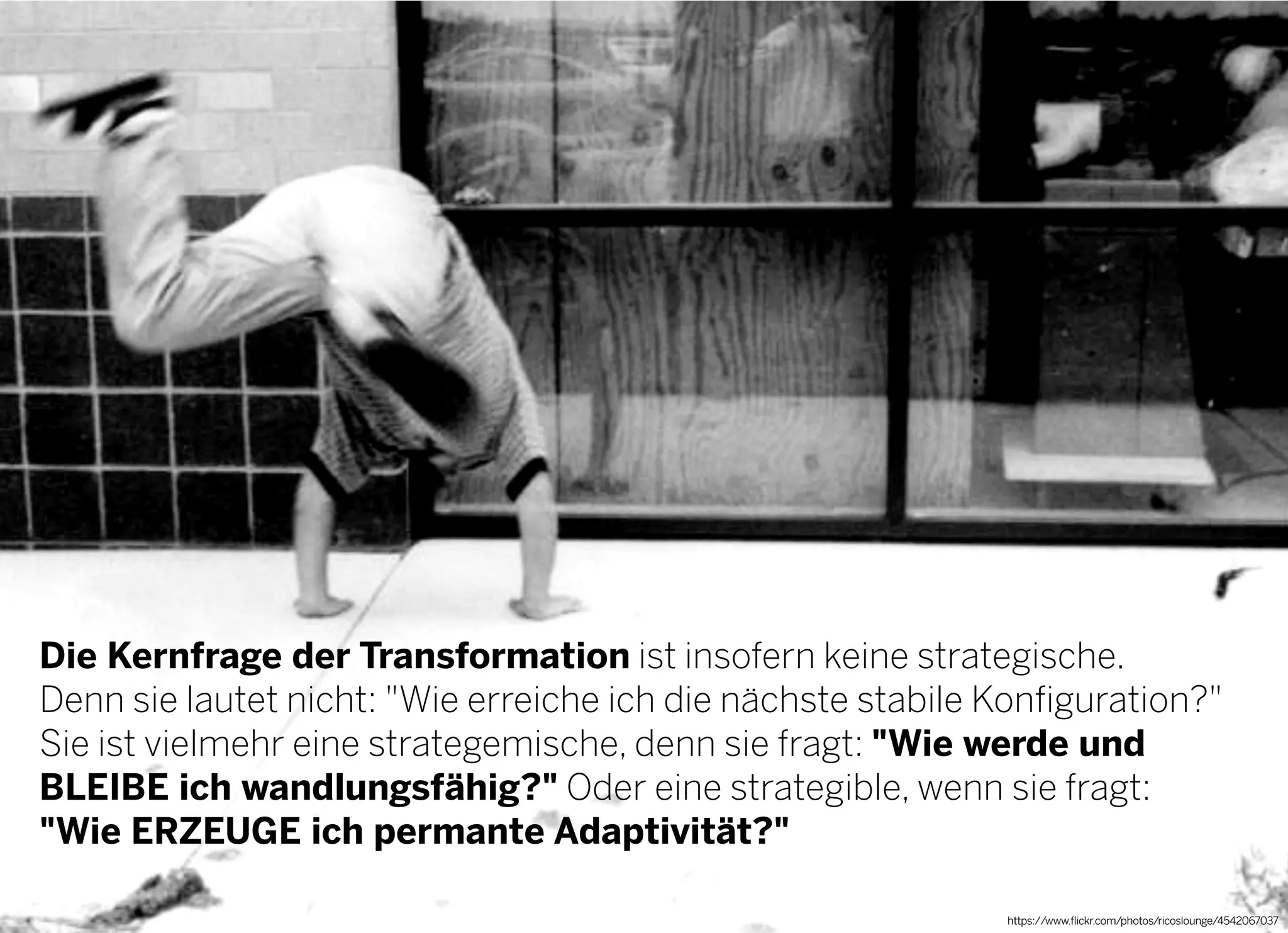 2013 © GREENKERN - keine ungenehmigte Veröffentlichung gestattet - alle Rechte vorbehalten
Die Kernfrage der Transformation ist insofern keine strategische.
Denn sie lautet nicht: "Wie erreiche ich die nächste stabile Konfiguration?"
Sie ist vielmehr eine strategemische, denn sie fragt: "Wie werde und
BLEIBE ich wandlungsfähig?" Oder eine strategible, wenn sie fragt:
"Wie ERZEUGE ich permante Adaptivität?"
https://www.flickr.com/photos/ricoslounge/4542067037
 