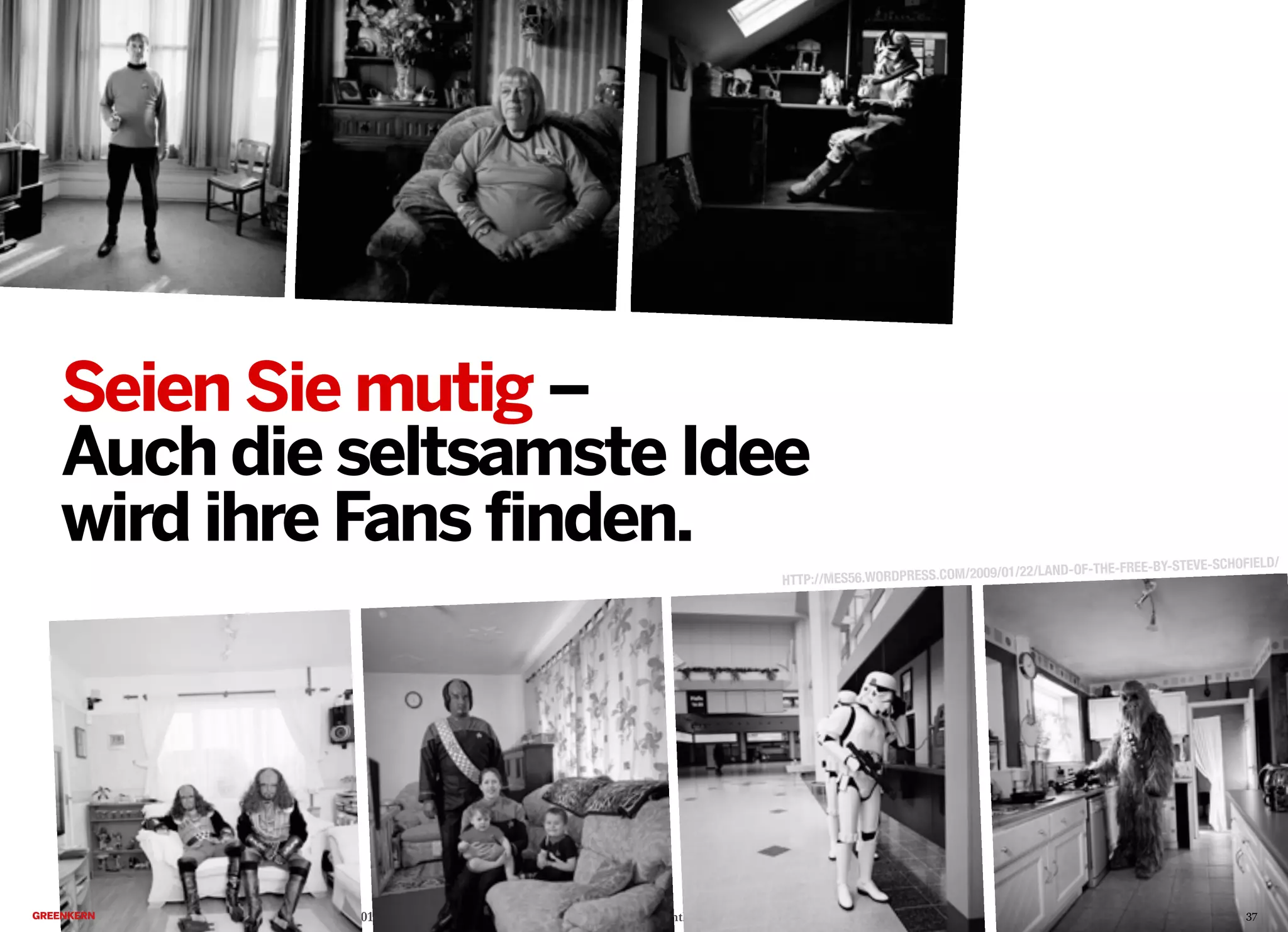 2013 © GREENKERN - keine ungenehmigte Veröffentlichung gestattet - alle Rechte vorbehalten
HTTP://MES56.WORDPRESS.COM/2009/01/22/LAND-OF-THE-FREE-BY-STEVE-SCHOFIELD/
Seien Sie mutig –
Auch die seltsamste Idee
wird ihre Fans finden.
37
 