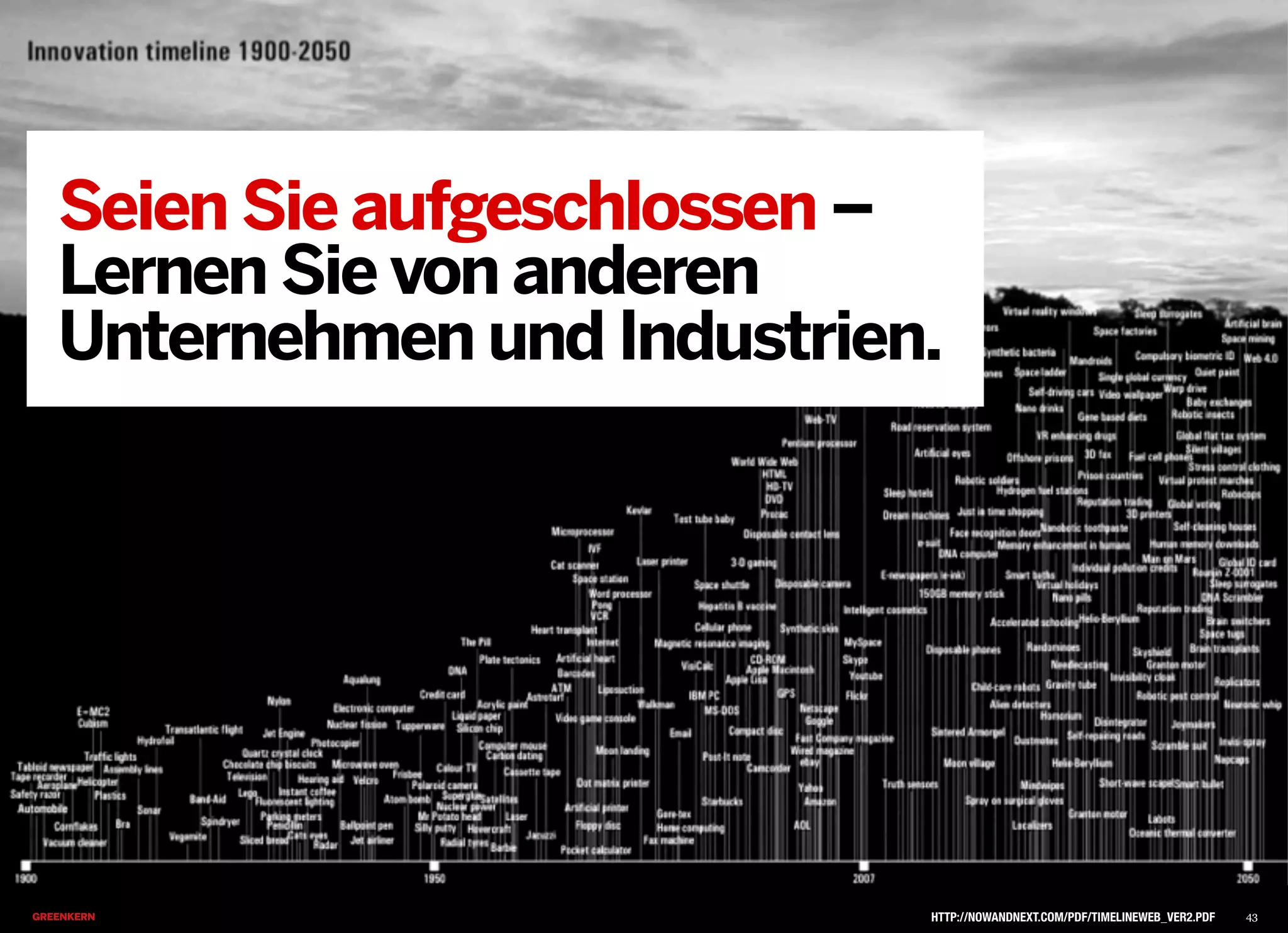 2013 © GREENKERN - keine ungenehmigte Veröffentlichung gestattet - alle Rechte vorbehaltenHTTP://NOWANDNEXT.COM/PDF/TIMELINEWEB_VER2.PDF
Seien Sie aufgeschlossen –
Lernen Sie von anderen
Unternehmen und Industrien.
43
 