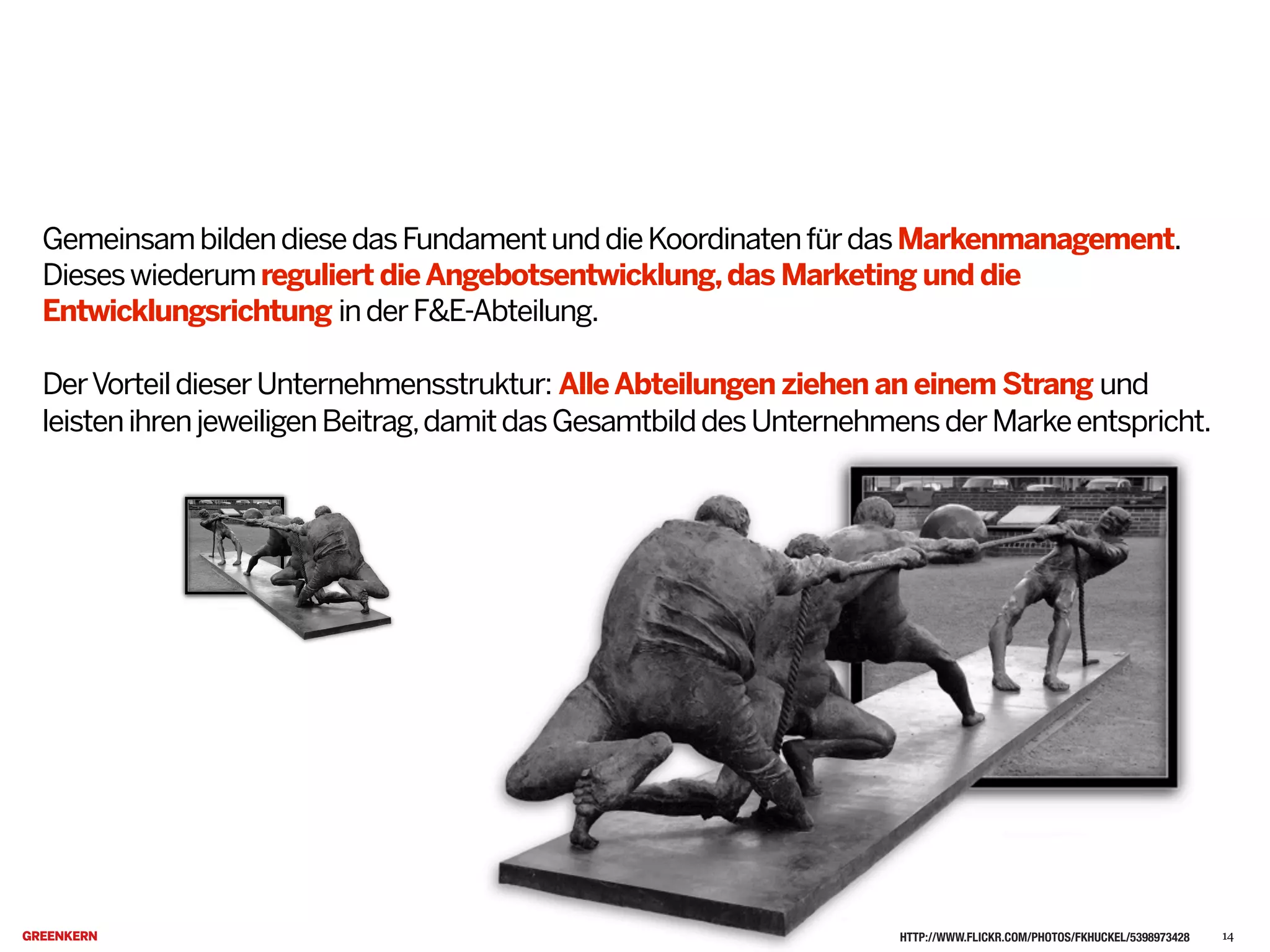 GemeinsambildendiesedasFundamentunddieKoordinatenfürdasMarkenmanagement.
Dieseswiederumreguliert dieAngebotsentwicklung,das Marketing und die
Entwicklungsrichtung inderF&E-Abteilung.
DerVorteildieserUnternehmensstruktur: AlleAbteilungen ziehen an einem Strang und
leistenihrenjeweiligenBeitrag,damitdasGesamtbilddesUnternehmensderMarkeentspricht.C
HTTP://WWW.FLICKR.COM/PHOTOS/FKHUCKEL/5398973428 14
 