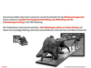 GemeinsambildendiesedasFundamentunddieKoordinatenfürdasMarkenmanagement.
Dieseswiederumreguliert dieAngebotsentwicklung,das Marketing und die
Entwicklungsrichtung inderF&E-Abteilung.
DerVorteildieserUnternehmensstruktur: AlleAbteilungen ziehen an einem Strang und
leistenihrenjeweiligenBeitrag,damitdasGesamtbilddesUnternehmensderMarkeentspricht.C
HTTP://WWW.FLICKR.COM/PHOTOS/FKHUCKEL/5398973428 14
 