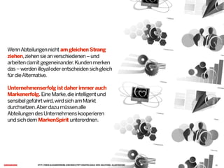 WennAbteilungennicht am gleichen Strang
ziehen,ziehensieanverschiedenen–und
arbeitendamitgegeneinander.Kundenmerken
das–werdenilloyaloderentscheidensichgleich
fürdieAlternative.
Unternehmenserfolg ist daher immer auch
Markenerfolg. EineMarke,dieintelligentund
sensibelgeführtwird,wirdsichamMarkt
durchsetzen.Aberdazumüssenalle
AbteilungendesUnternehmenskooperieren
undsichdem MarkenSpirit unterordnen.
HTTP://WWW.ALEXANDERMUNK.COM/INDEX.PHP?/GRAPHIC/AGILE-WEB-SOLUTIONS--ILLUSTRATION/ 21
 