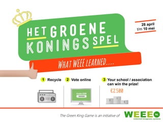What WEEE learned..... 
28 april 
t/m 10 mei 
1 Recycle 2 Vote online 3 Your school / association 
can win the prize! 
The Green King Game is an initiative of 
 