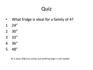 Quiz
? What fridge is ideal for a family of 4?
1 24
2 30
3 33
4 36
5 48
#1 is ideal. #2&3 are similar, but anything larger is not needed
 